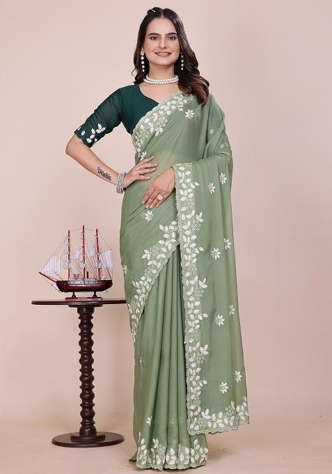 Dusty Pista Embroidered Georgette Saree Set