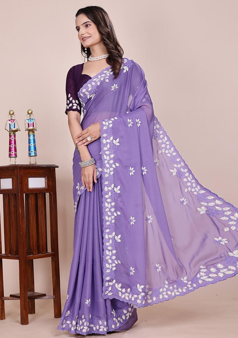 Purple Embroidered Georgette Saree Set