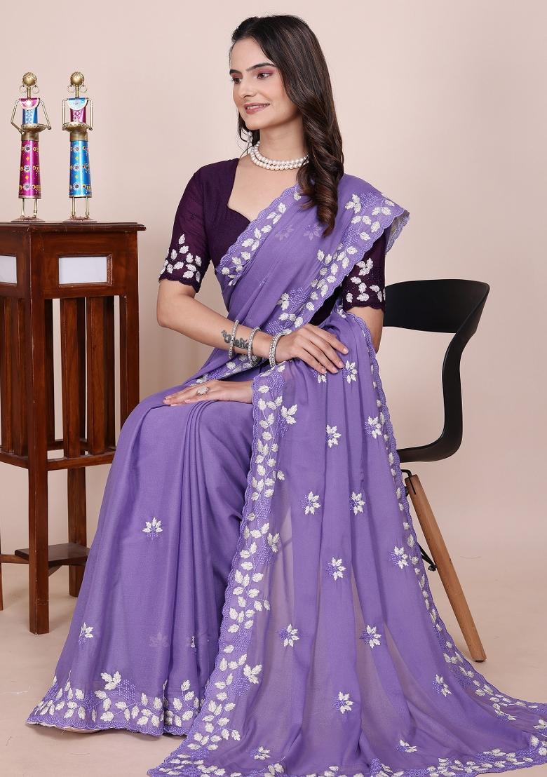 Purple Embroidered Georgette Saree Set