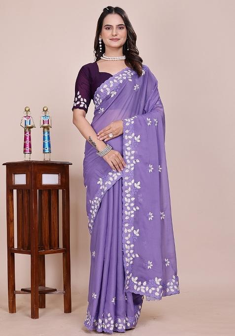 Purple Embroidered Georgette Saree Set