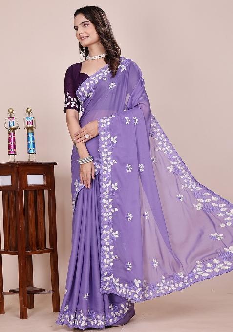 Purple Embroidered Georgette Saree Set