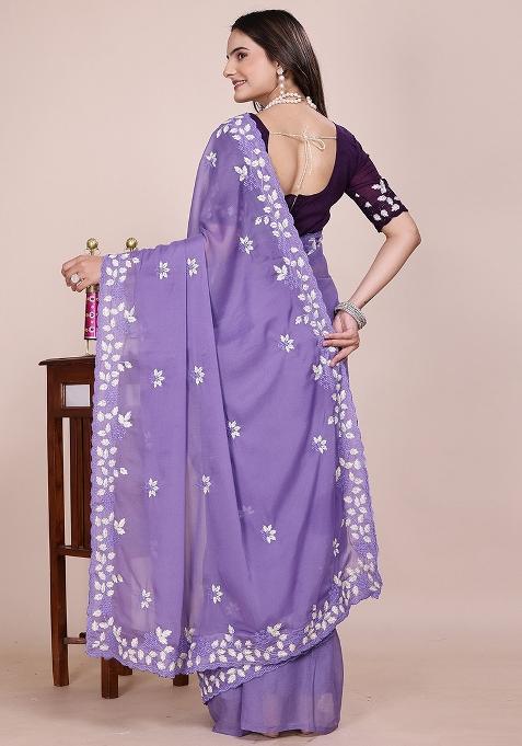 Purple Embroidered Georgette Saree Set
