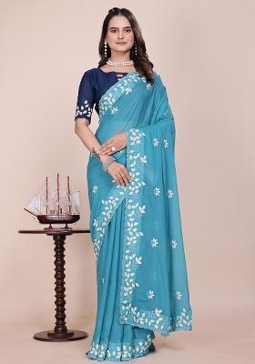 Dusty Sky Embroidered Georgette Saree Set