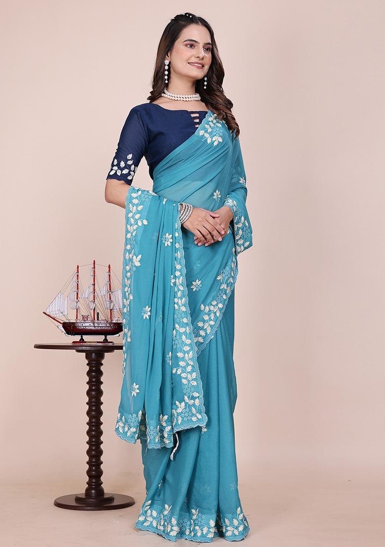 Dusty Sky Embroidered Georgette Saree Set - Indya