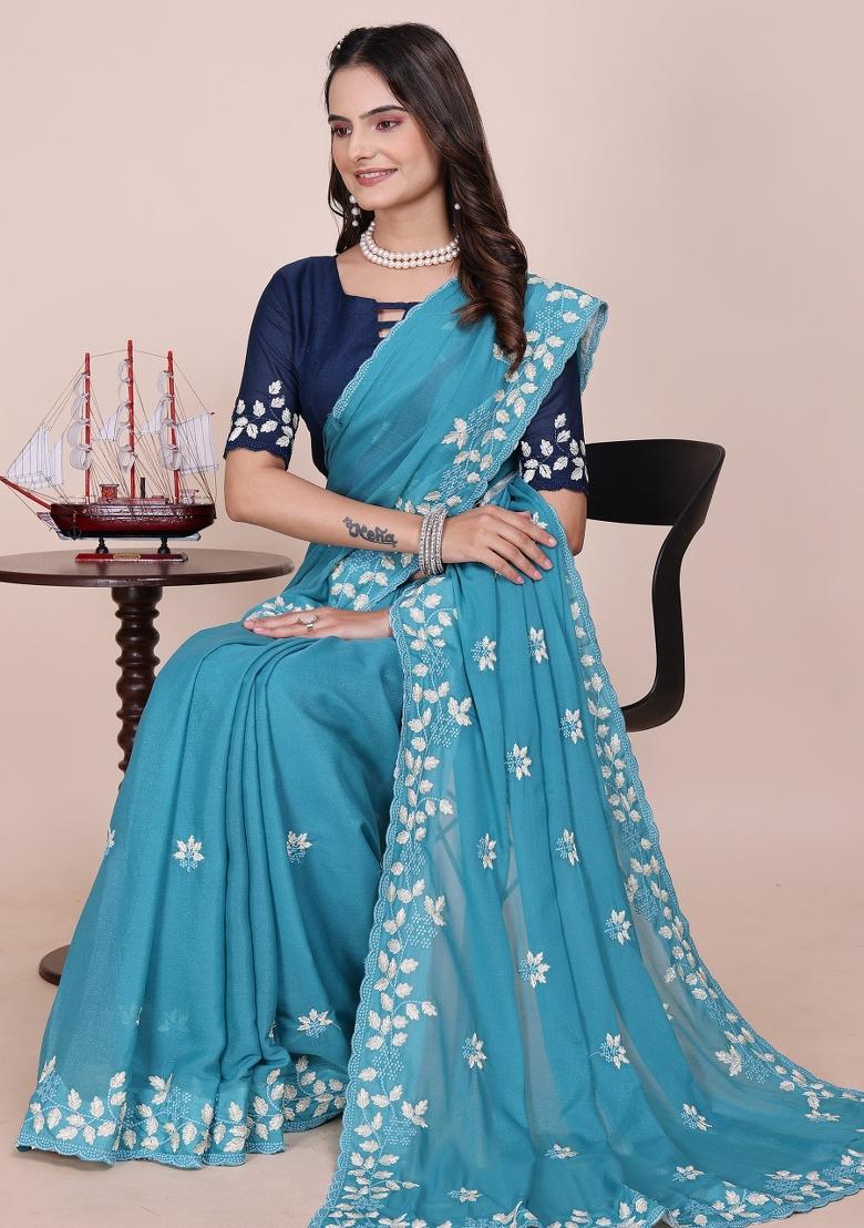 Dusty Sky Embroidered Georgette Saree Set - Indya
