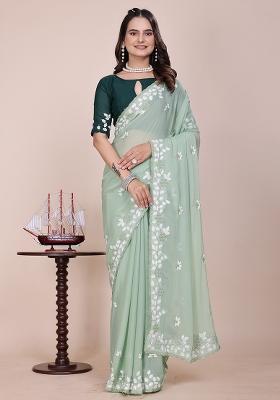 Light Green Embroidered Georgette Saree Set