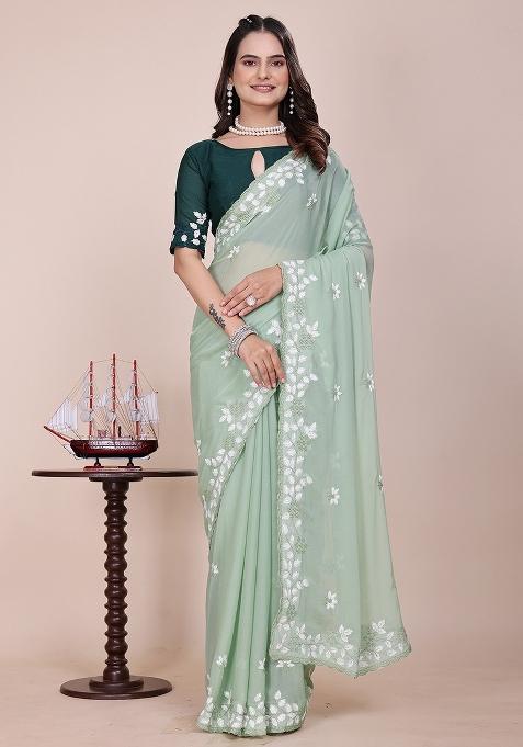 Light Green Embroidered Georgette Saree Set