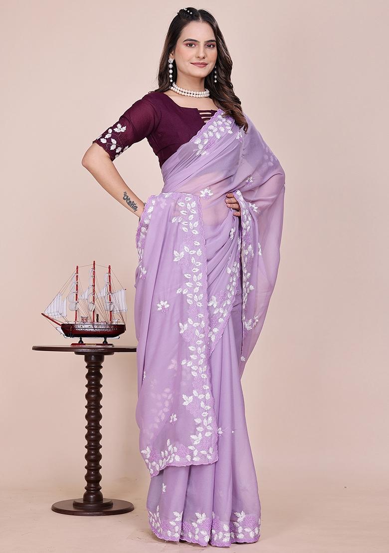 Purple Embroidered Georgette Saree Set