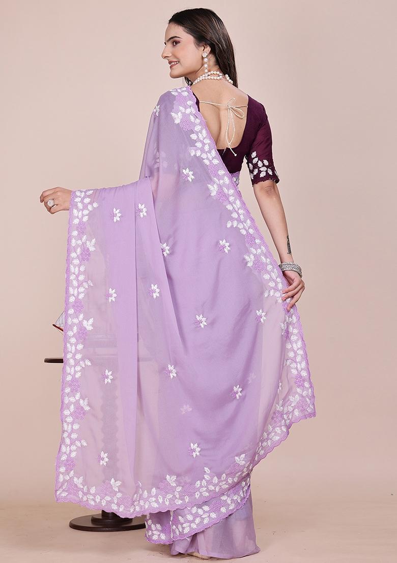 Purple Embroidered Georgette Saree Set