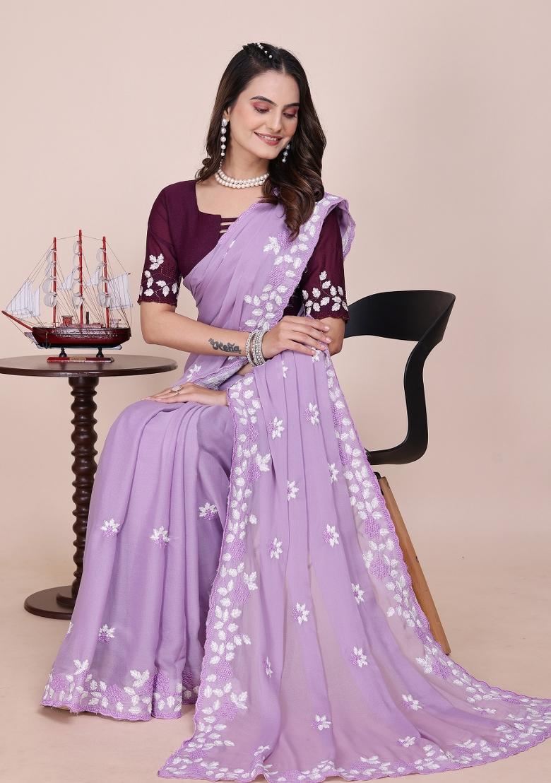 Purple Embroidered Georgette Saree Set