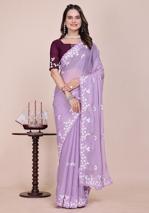 Purple Embroidered Georgette Saree Set