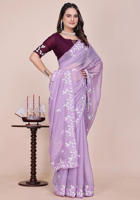 Purple Embroidered Georgette Saree Set