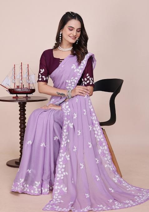Purple Embroidered Georgette Saree Set