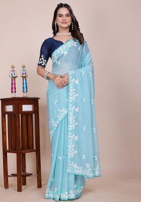 Light Sky Embroidered Georgette Saree Set