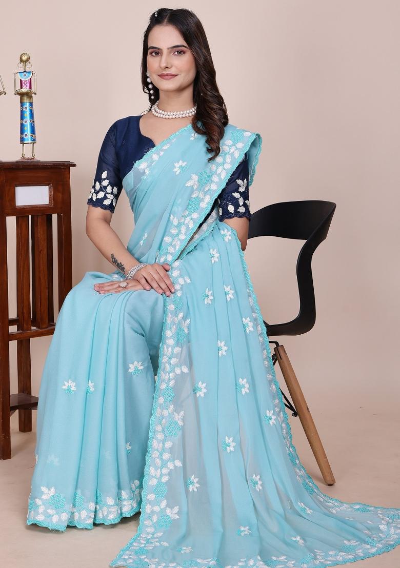 Light Sky Embroidered Georgette Saree Set - Indya