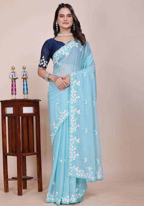 Light Sky Embroidered Georgette Saree Set
