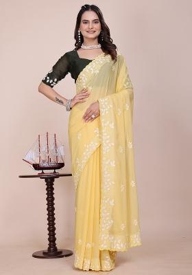 Light Yellow Embroidered Georgette Saree Set