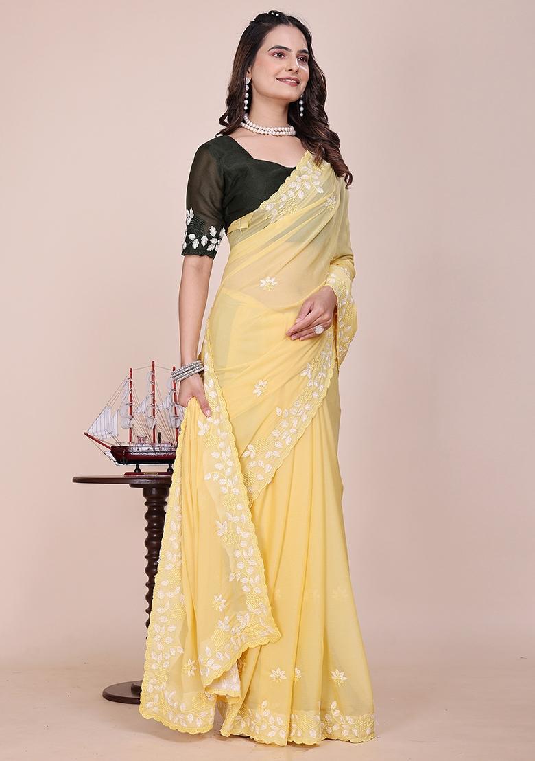 Light Yellow Embroidered Georgette Saree Set