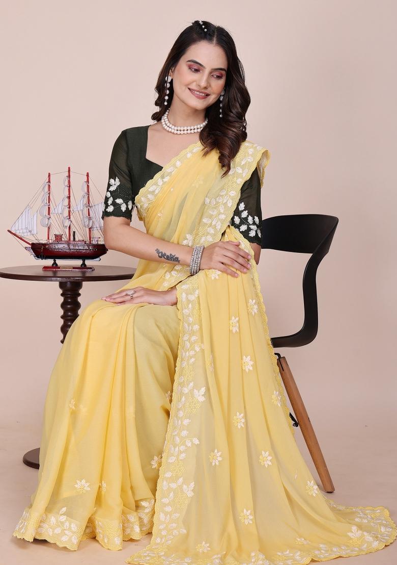 Light Yellow Embroidered Georgette Saree Set