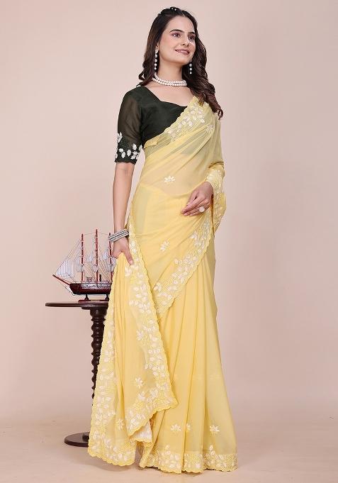 Light Yellow Embroidered Georgette Saree Set