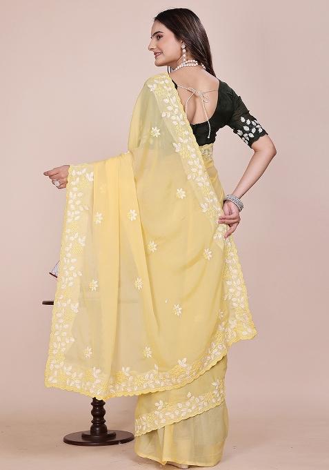 Light Yellow Embroidered Georgette Saree Set