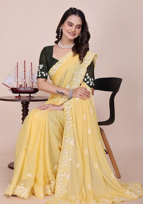 Light Yellow Embroidered Georgette Saree Set