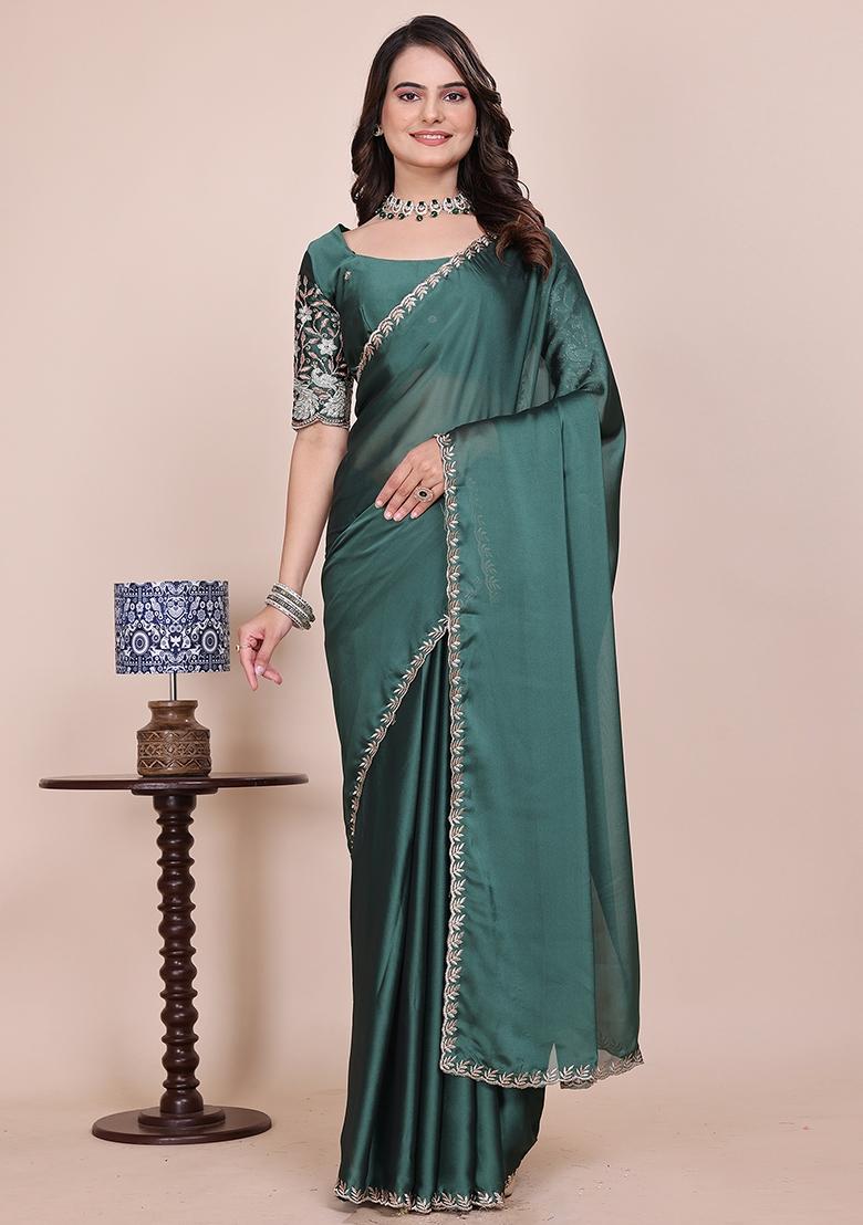 Dusty Bottle Green Embroidered Chiffon Saree Set