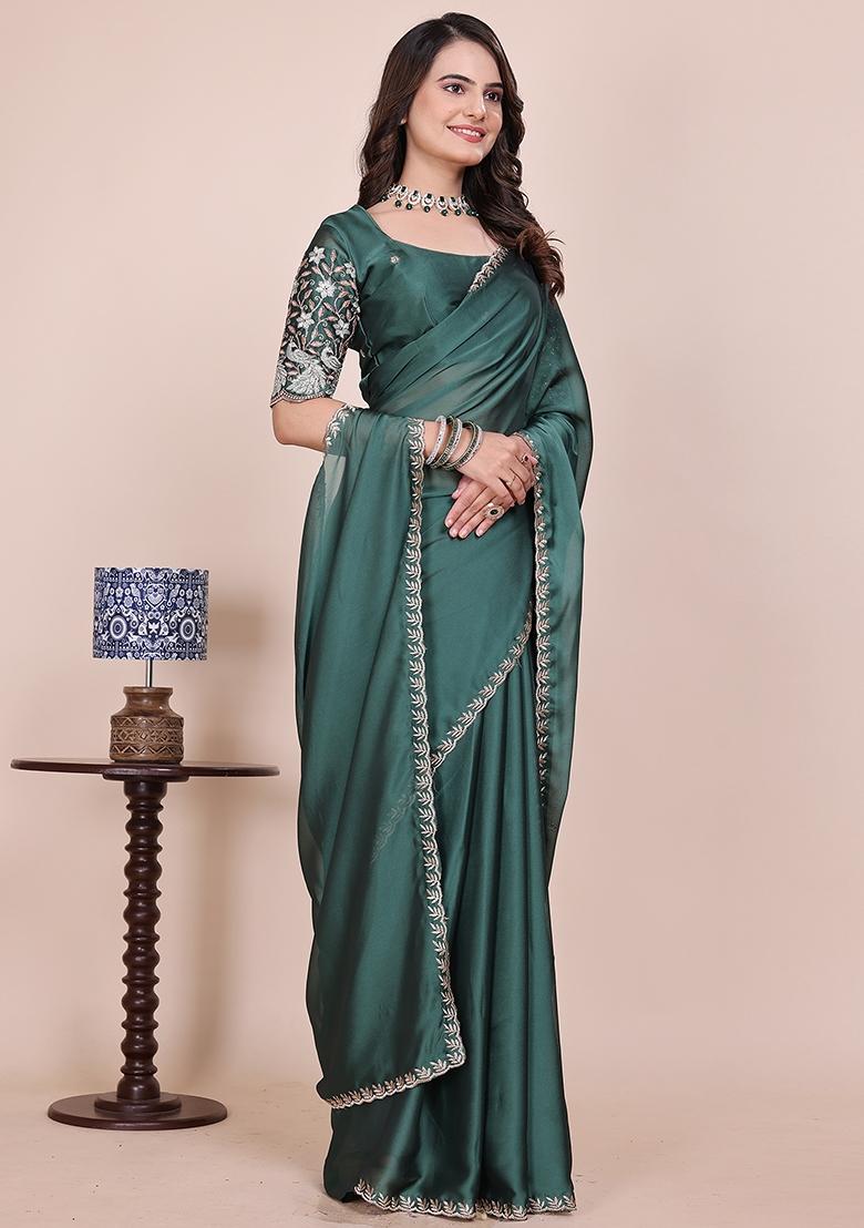 Dusty Bottle Green Embroidered Chiffon Saree Set