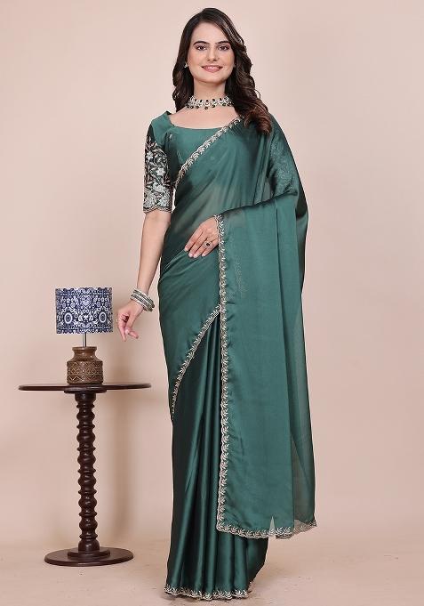 Dusty Bottle Green Embroidered Chiffon Saree Set