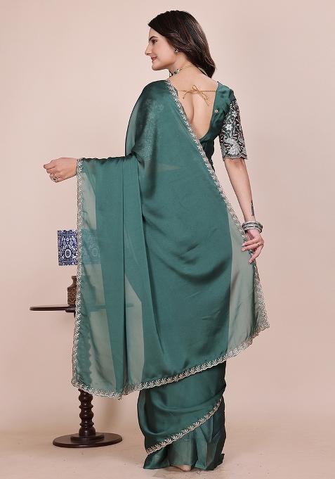 Dusty Bottle Green Embroidered Chiffon Saree Set