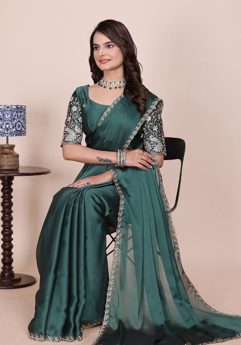 Dusty Bottle Green Embroidered Chiffon Saree Set