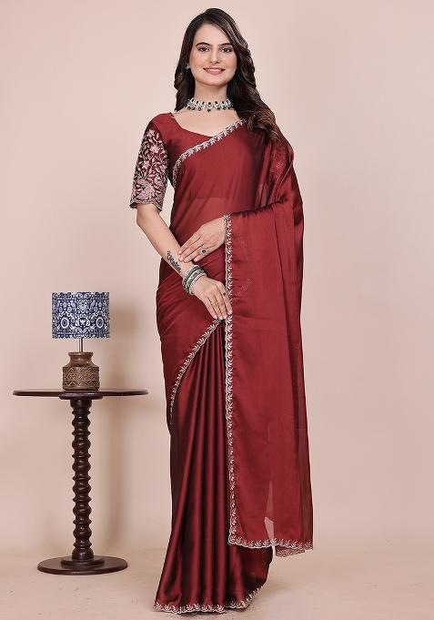 Dusty Maroon Embroidered Chiffon Saree Set