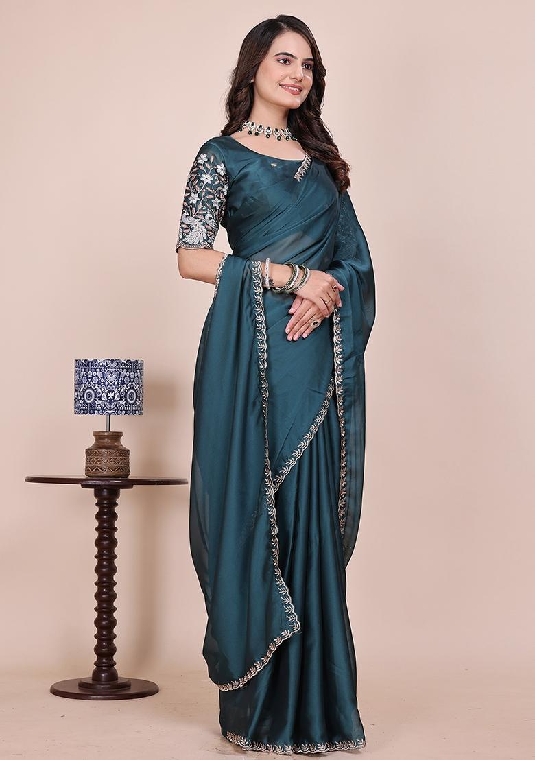 Dusty Morpeach Embroidered Chiffon Saree Set - Indya