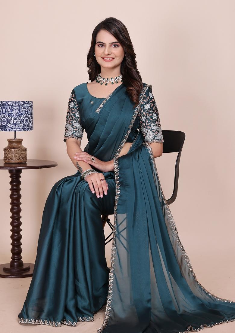 Dusty Morpeach Embroidered Chiffon Saree Set - Indya