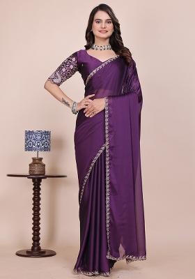 Purple Embroidered Chiffon Saree Set
