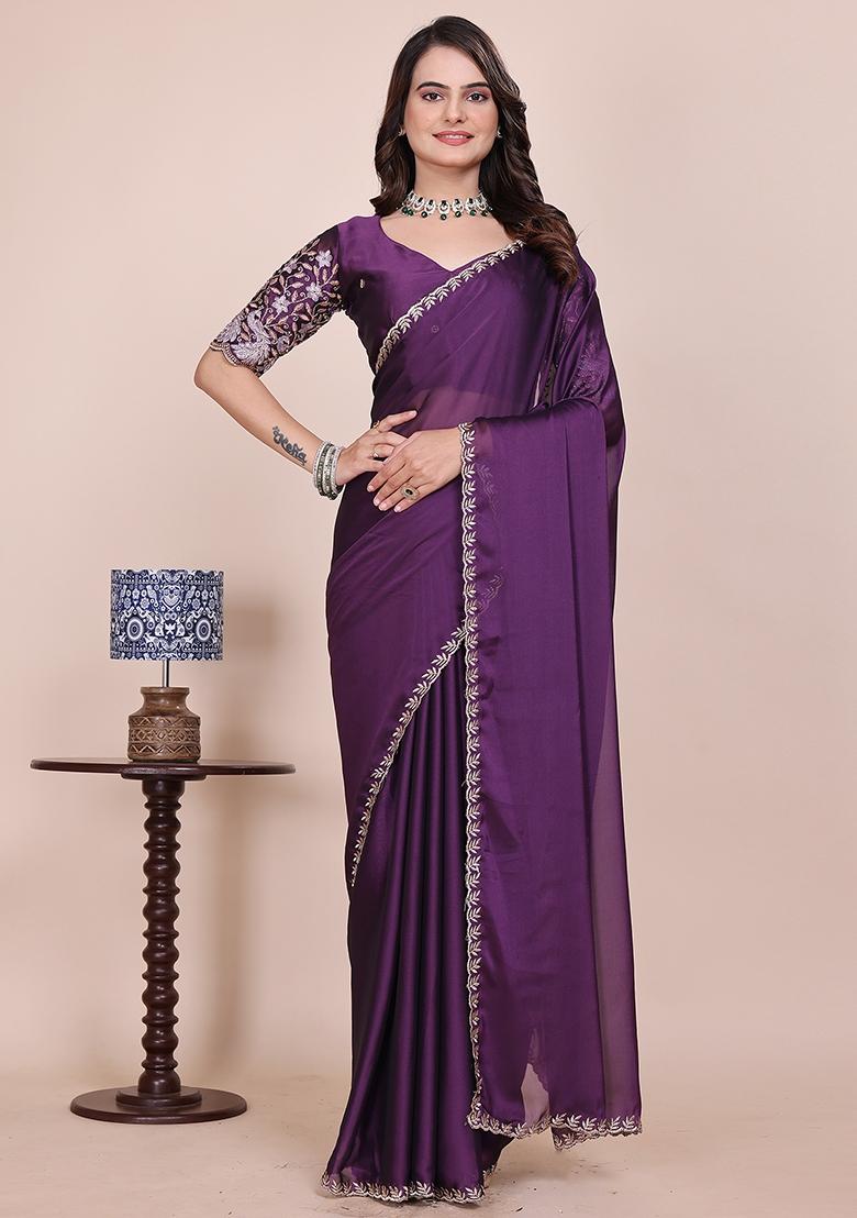 Purple Embroidered Chiffon Saree Set