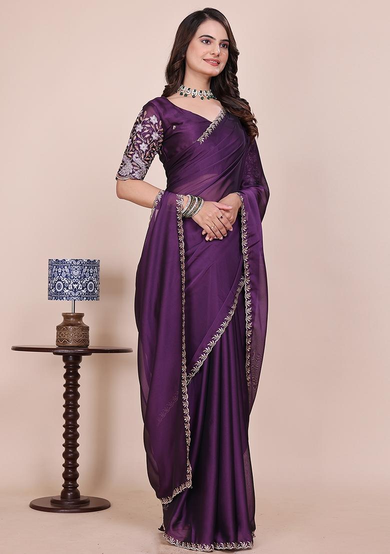 Purple Embroidered Chiffon Saree Set