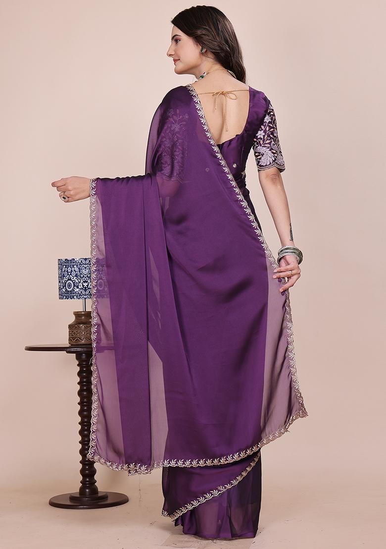 Purple Embroidered Chiffon Saree Set
