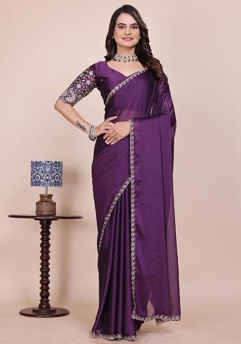Purple Embroidered Chiffon Saree Set