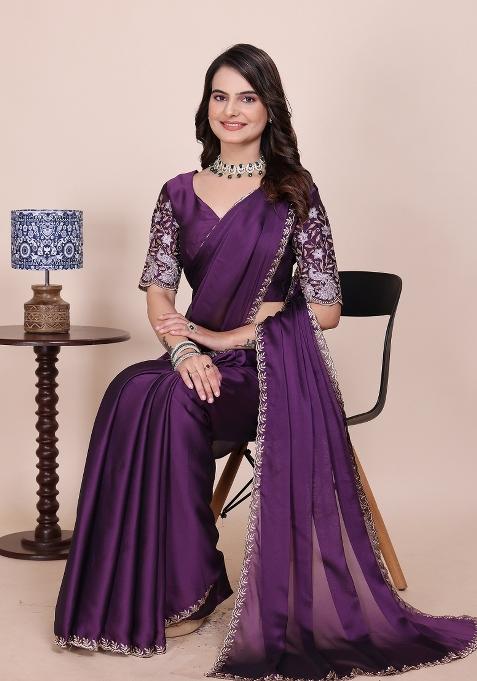 Purple Embroidered Chiffon Saree Set