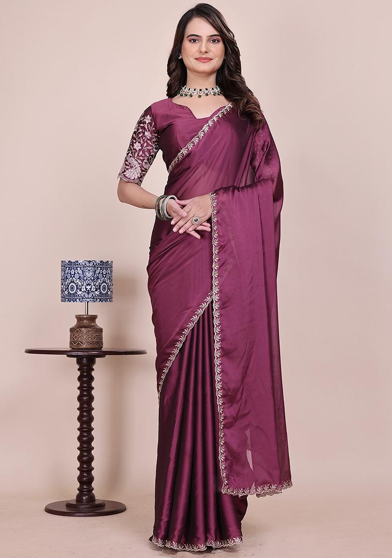 Dusty Wine Embroidered Chiffon Saree Set