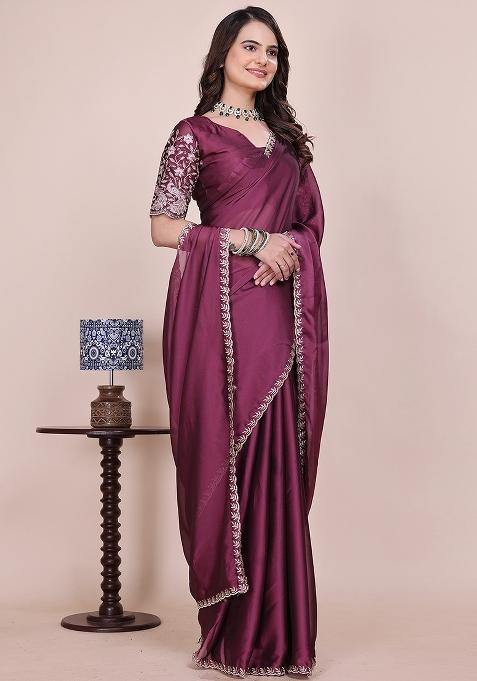 Dusty Wine Embroidered Chiffon Saree Set