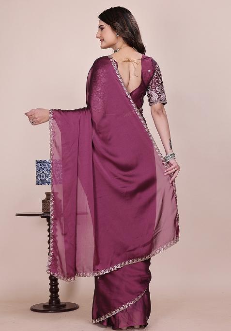 Dusty Wine Embroidered Chiffon Saree Set