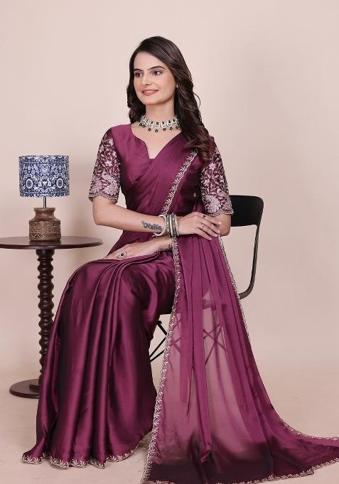Dusty Wine Embroidered Chiffon Saree Set