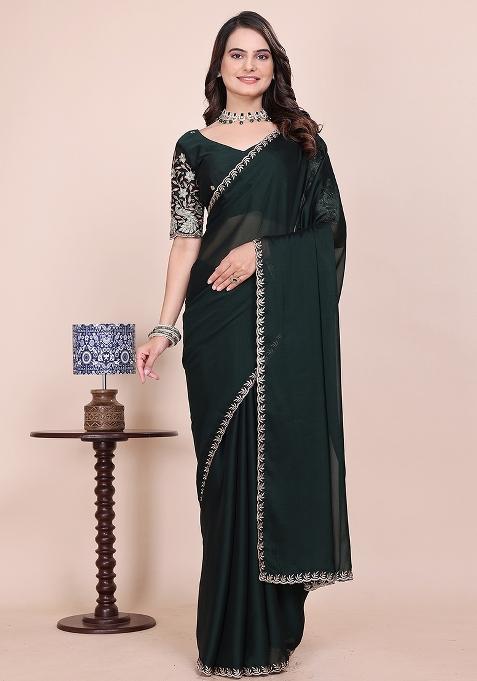 Bottelgreen Embroidered Chiffon Saree Set