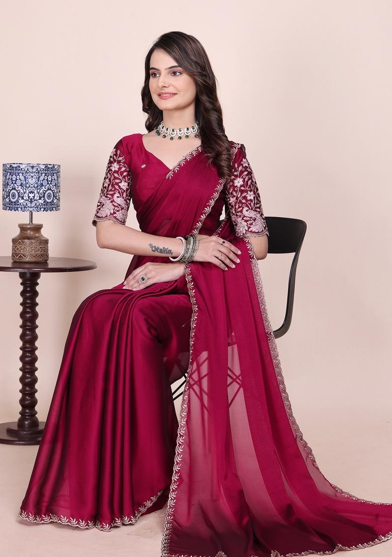 Cherry Embroidered Chiffon Saree Set - Indya