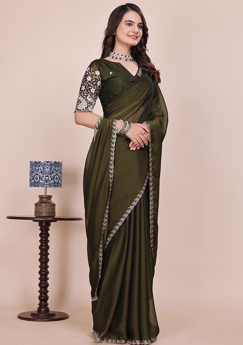 Green Embroidered Chiffon Saree Set
