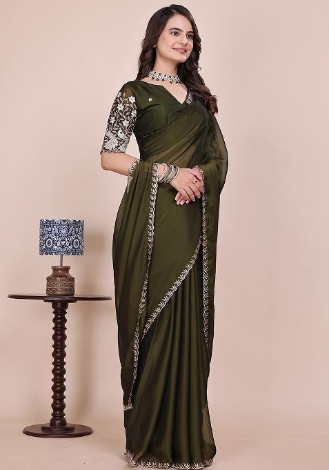 Green Embroidered Chiffon Saree Set