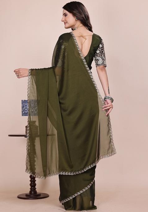 Green Embroidered Chiffon Saree Set