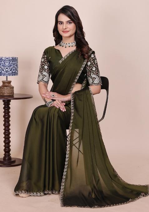 Green Embroidered Chiffon Saree Set